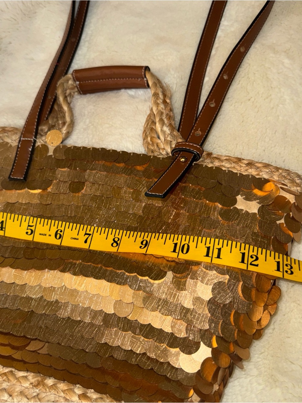 Zara Gold Sequin Straw Tote with Brown Handles - Picture 10 of 11